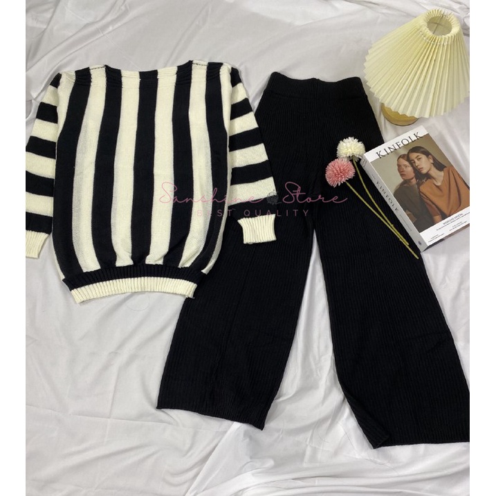 One Set Setelan Wanita Rok Dan Kulot Cardigan Sweater Rajut Warna Hitam