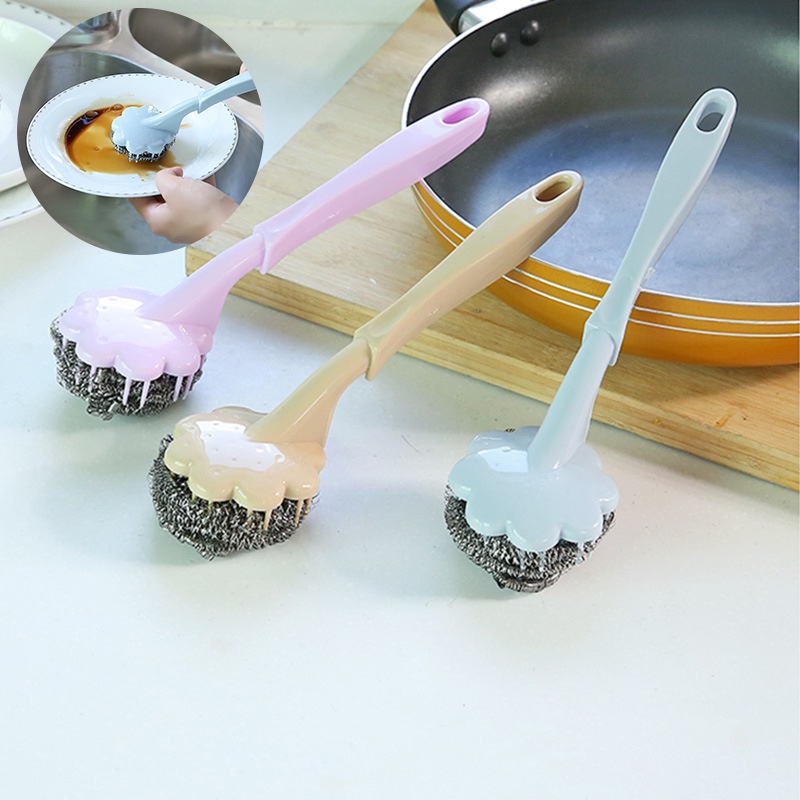 Deep Clean Scrub Washing Brushes Sikat Gagang Panjang Dengan Kawat Stainless Steel Bola Rumah Tangga Dapur Mangkok Piring Panci Alat Makan Pembersih Wastafel Sikat Pembersih Gantung