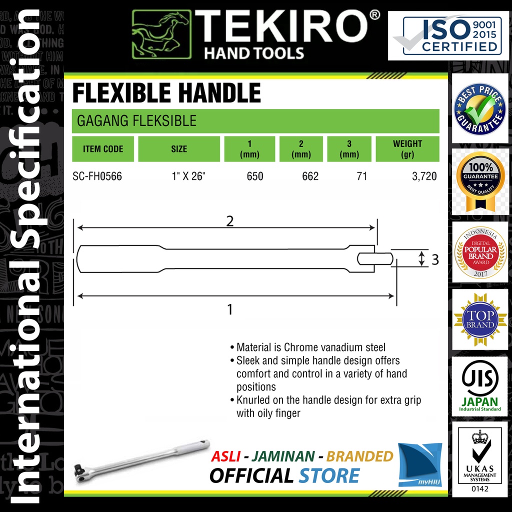 Gagang Soket Fleksibel 1&quot; inch DR. x 26 inch / Kunci Flexible Handle Mata Sock Socket TEKIRO