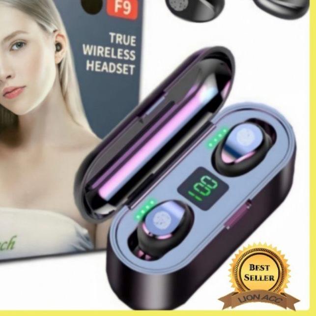 ○ HEADSET BLUETOOTH TWS F9 + POWERBANK LED TRUE WIRELESS EARPHONE ➳