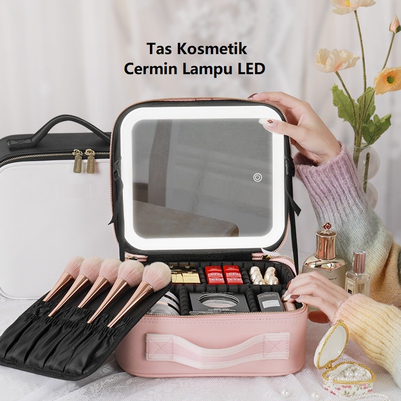 Tas Kosmetik dengan Cermin Lampu LED Tas Makeup Beauty Case