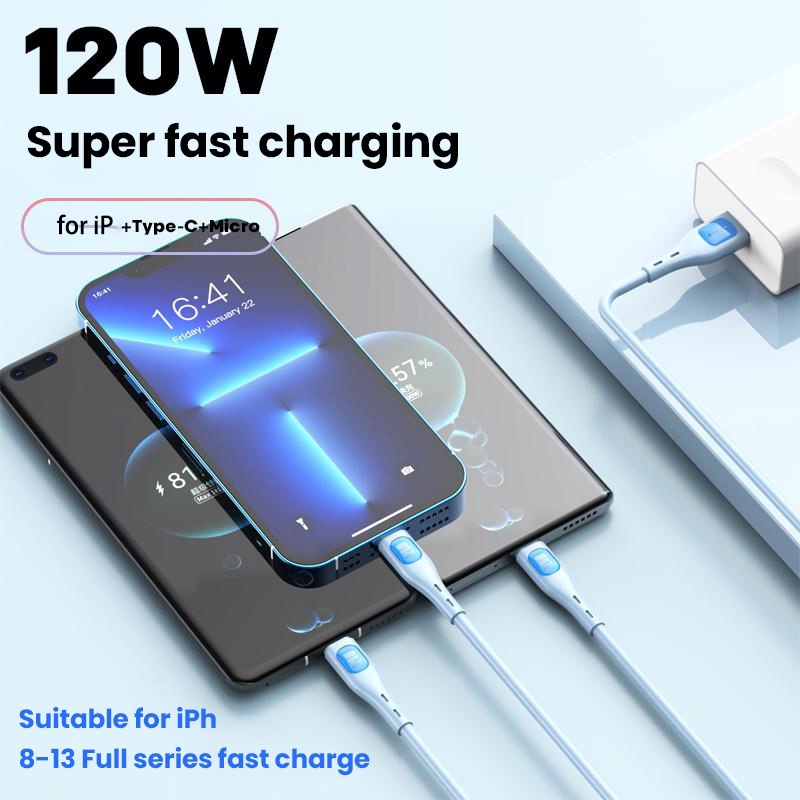 120w 6A 3in1 Silikon Super Fast Charging Cable Micro USB Type-C Fast Charger Micro USB Type-C Kabel Data