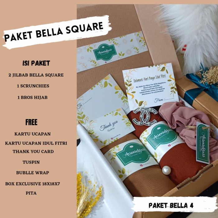 

paket Hampers kado idul Fitri hijab polos Bella square Bros jilbab - Bella 4, box coklat