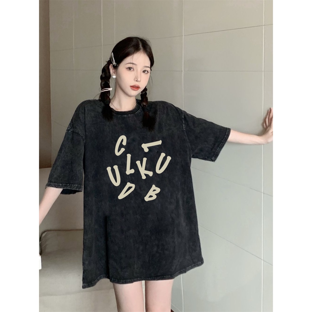 XIAOZHAINV Korean Style Letter Pattern Washed Printing Kaos Wanita