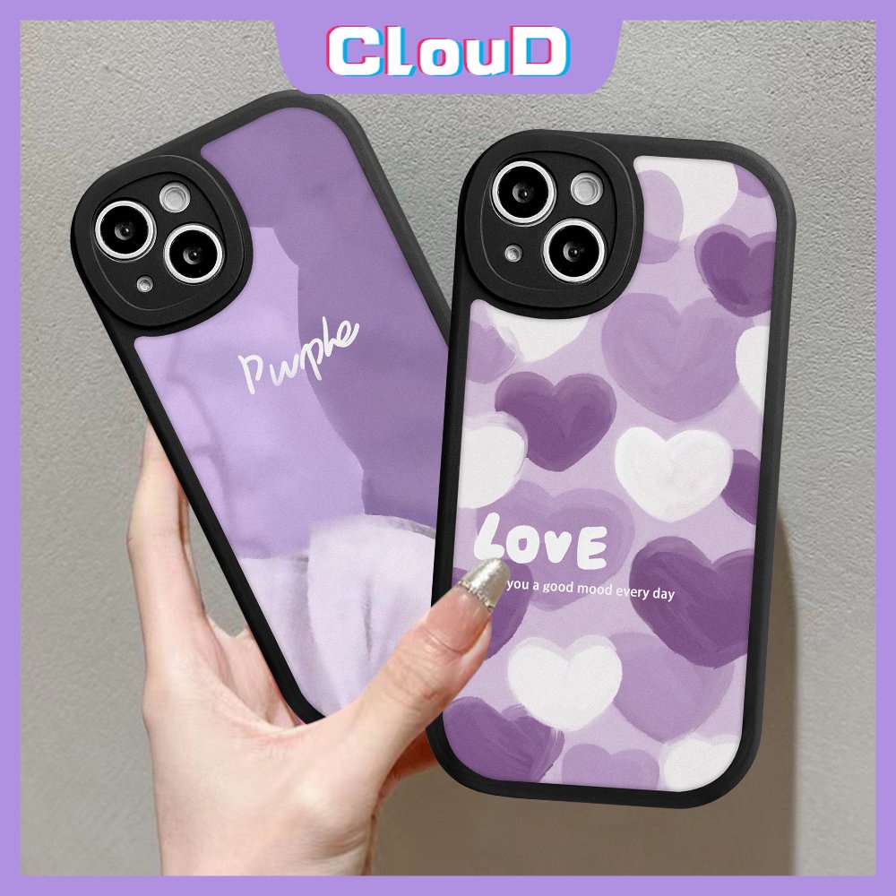 IPHONE Couple Purple Art Pola Cat Casing Ponsel Kompatibel Untuk Iphone11 7plus XR 13 11 14 12 Pro MAX 8plus X XS MAX 6 6s Plus SE 2020 Lukisan Cat Minyak Cinta Hati Soft Casing Cover