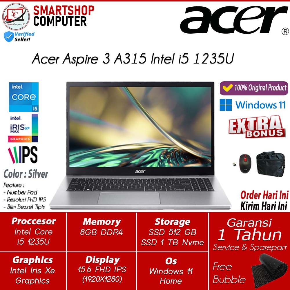 Laptop Disain Baru Acer Aspire 3 A315 Intel i5 1235U 8GB 1TB SSD 15.6 FHD IPS Iris Xe Windows11 Home