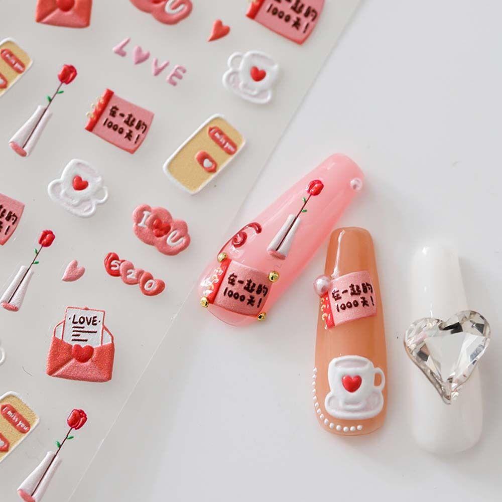 MXBEAUTY Bunga Stiker Kuku Fashion Perekat Diri Daun Cinta Hati Pink Huruf Dekorasi Nail Art