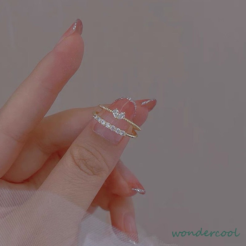 Cincin Adjustable Desain Hati Hias Kristal Zircon Gaya Korea Untuk Wanita -Won