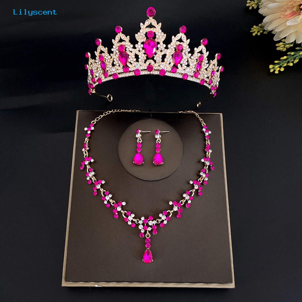 [LS] 3 Pcs/Set Pernikahan Mahkota Kristal Imitasi Electroplating Berlebihan Bentuk Geometris Shiny Dress Up Alloy Wedding Dress Bride Earrings Kalung Set Perhiasan Aksesori