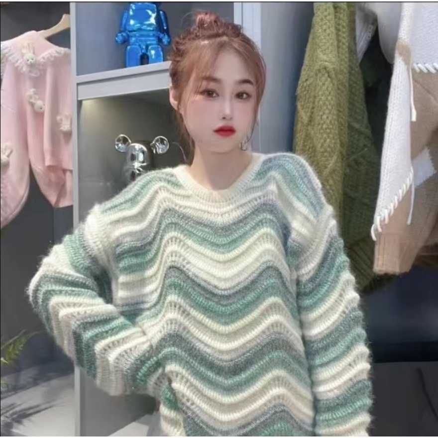 YIU YIU Rajut - Atasan Rajut Wanita Oversize Lengan Panjang Sweater Crewneck Knit