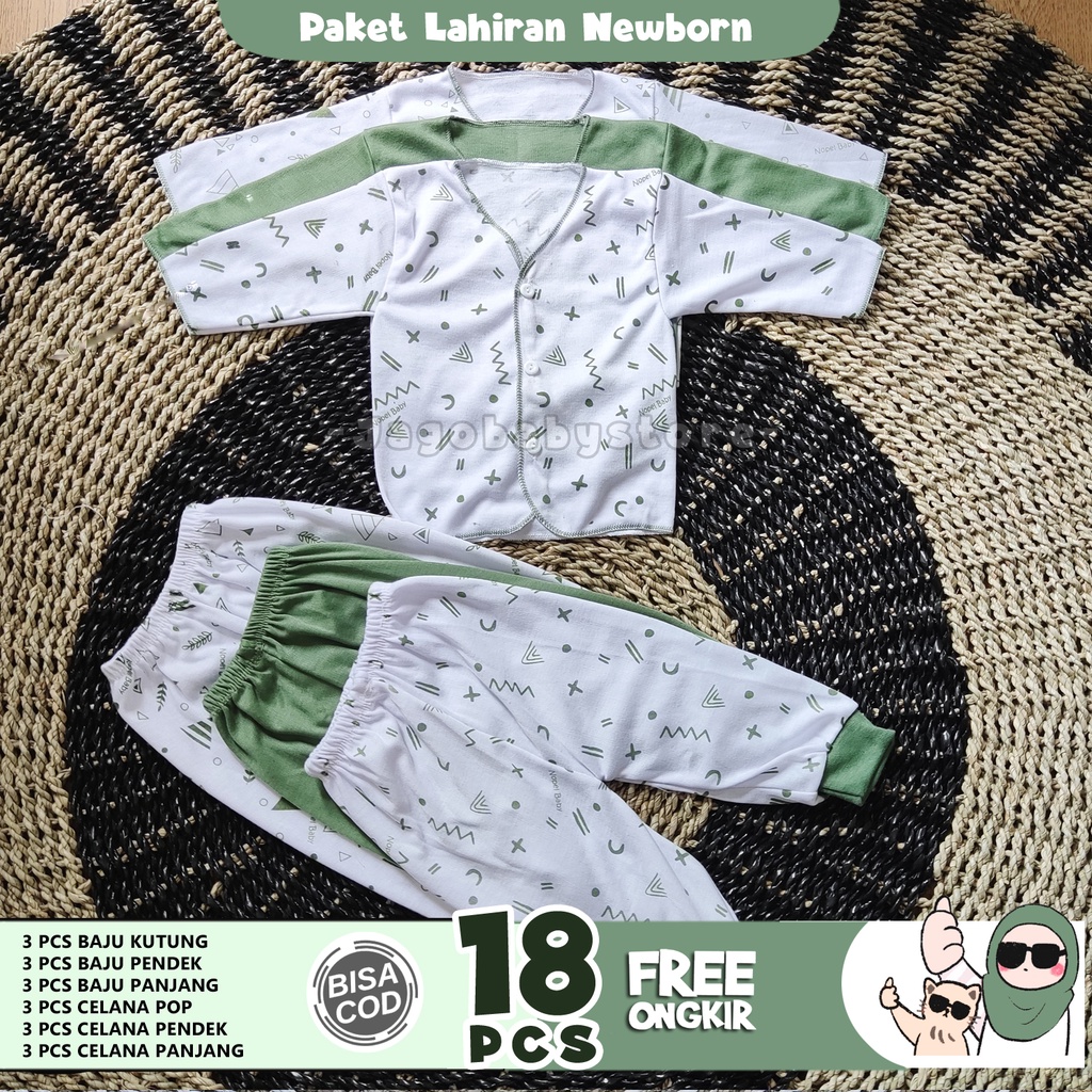 18 Pcs Paket Lahiran Baju Bayi Newborn Motif Hijau Tua