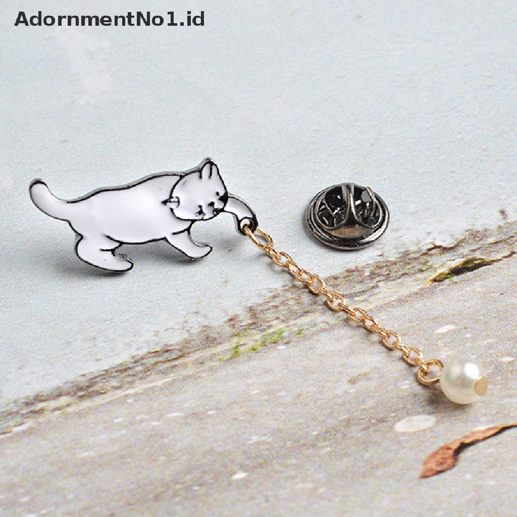 [AdornmentNo1] Enamel Lucu Mutiara Kucing Bros Pin Baju Kerah Pin Breastpin Wanita Perhiasan Hadiah [ID]