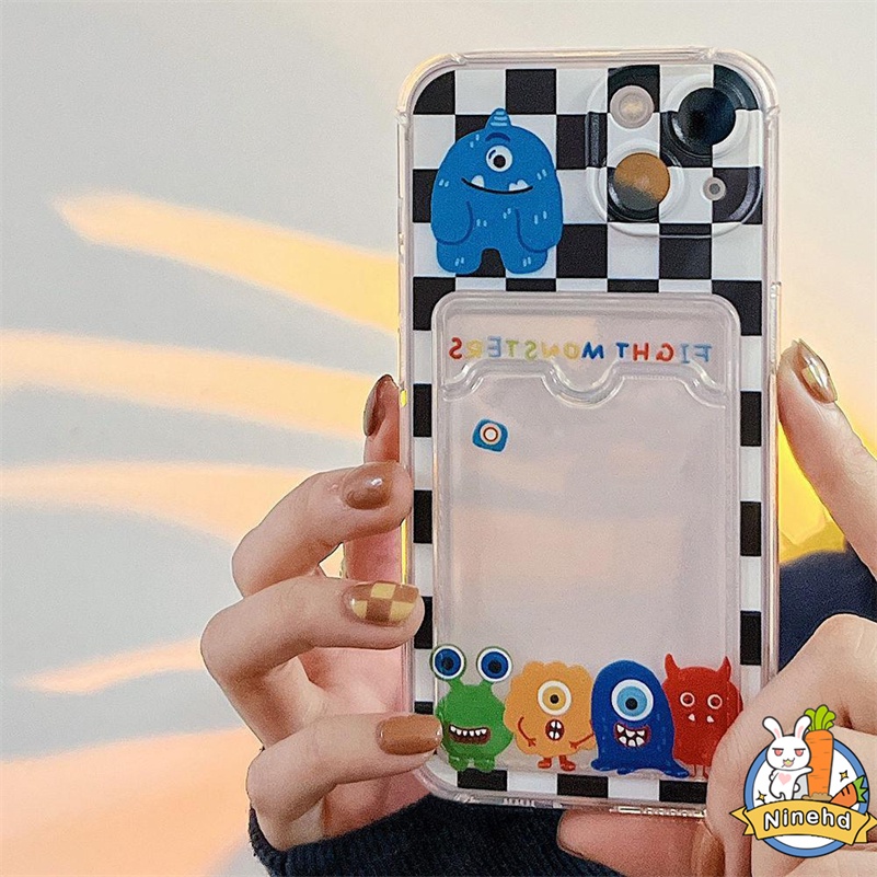 Case Tas Kartu Bening Kompatibel Untuk Iphone14 13 12 11 Pro Max X Xr Xs Max SE iPhone 8 7 6 6s Plus Monster Kecil Anti Jatuh Card Holder Tas Kartu Phone Case Bening Cover Pelindung