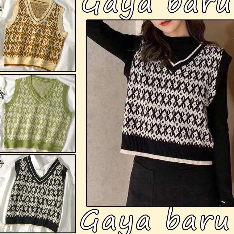 Langsung Order Korea Tanpa lengan longgar v-neck Rompi kisi sweater rajutan rompi