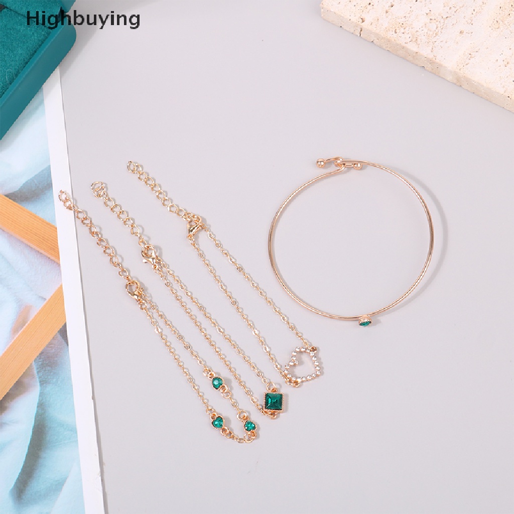 Hbid 4Pcs/Set Tergabung Batu Permata Hijau Gelang Set Perhiasan Untuk Wanita Gadis Jantung Gelang Pernikahan Pertunangan Gelang Fashion Pesta Perhiasan Hadiah Glory