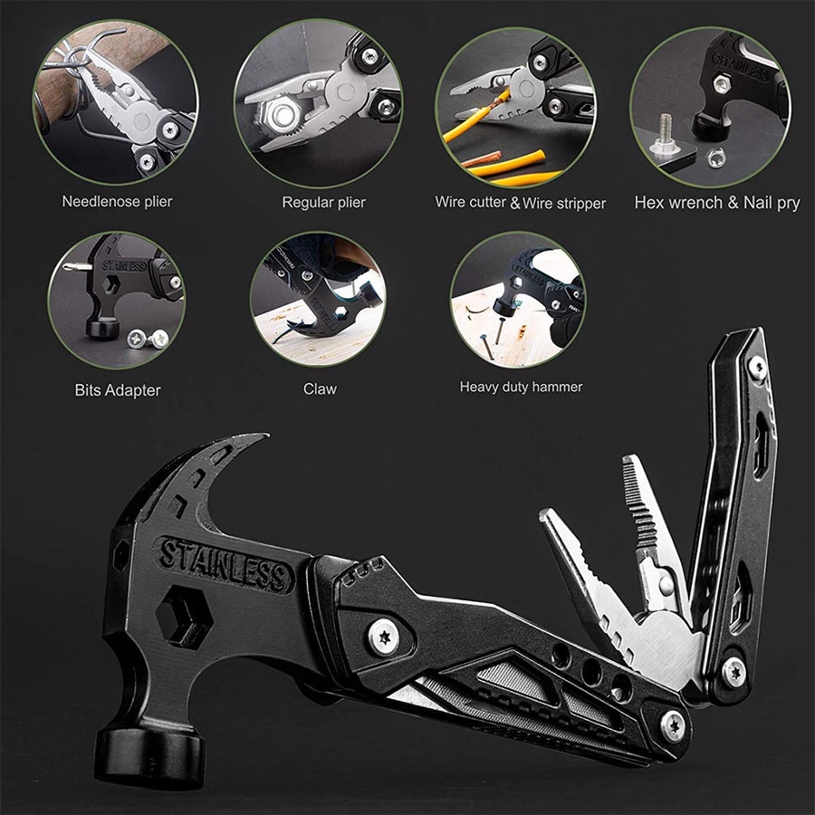 Palu Tang Lipat Multifunctional EDC Axe Hammer Survival Tools Multitool Mini Stainless Steel Camping Pocket Clip 13 in 1