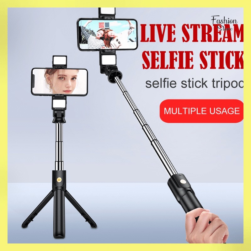 FS-Selfie stick R1S tongsis 4in1 plus Remote Control Bluetooth Tripod Plus Lampu Flash