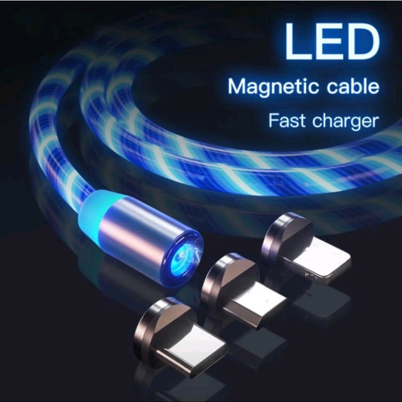 Kabel Data / Charger Magnetic 3in1 (Micro/Type-C/Lightning) Fast Charging Streamer Coloful LED