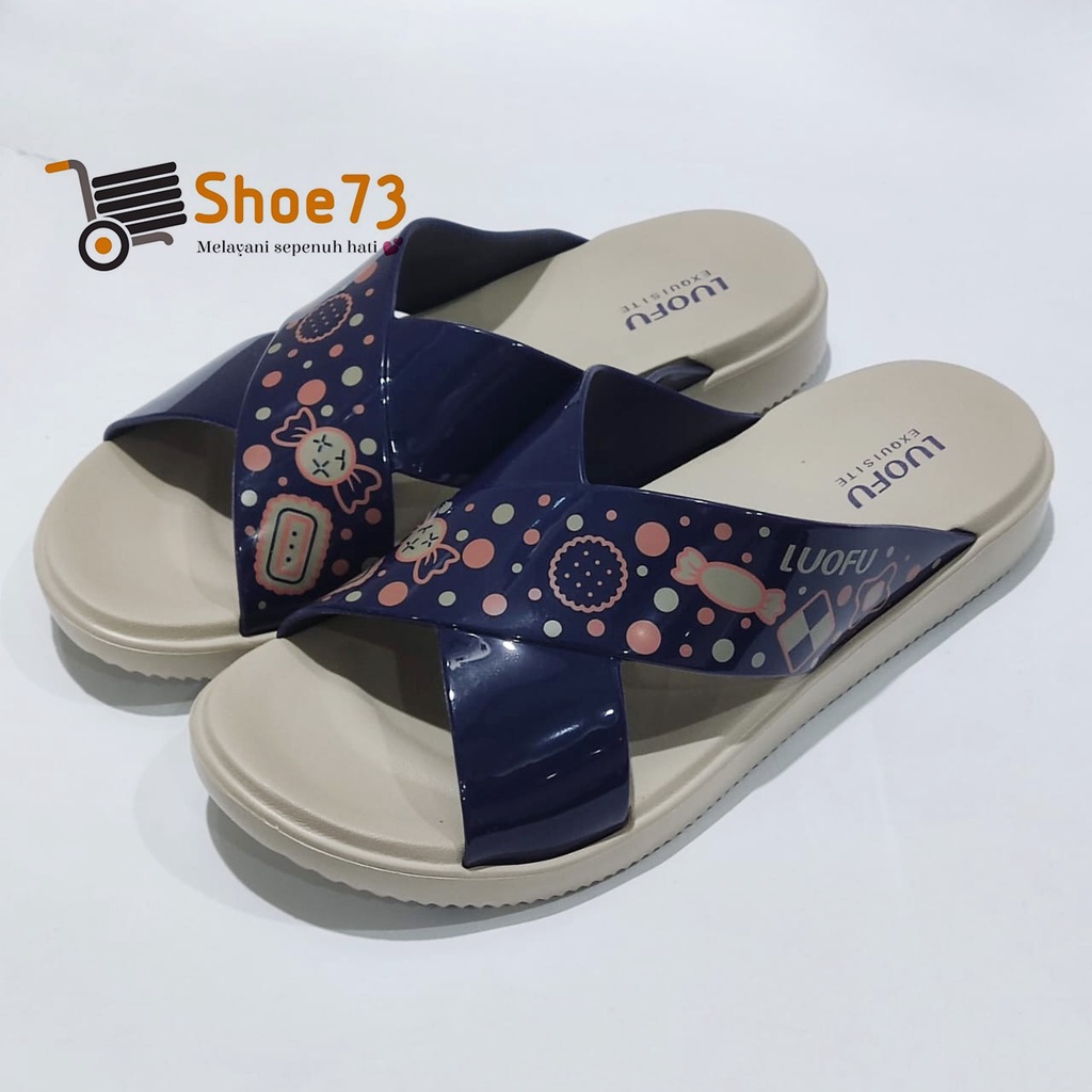 LUOFU E 7189 SM-B65 SIZE 36-40 ORIGINAL l Sandal Selop silang MOTIF jelly wanita l Sendal kokop cewek impor