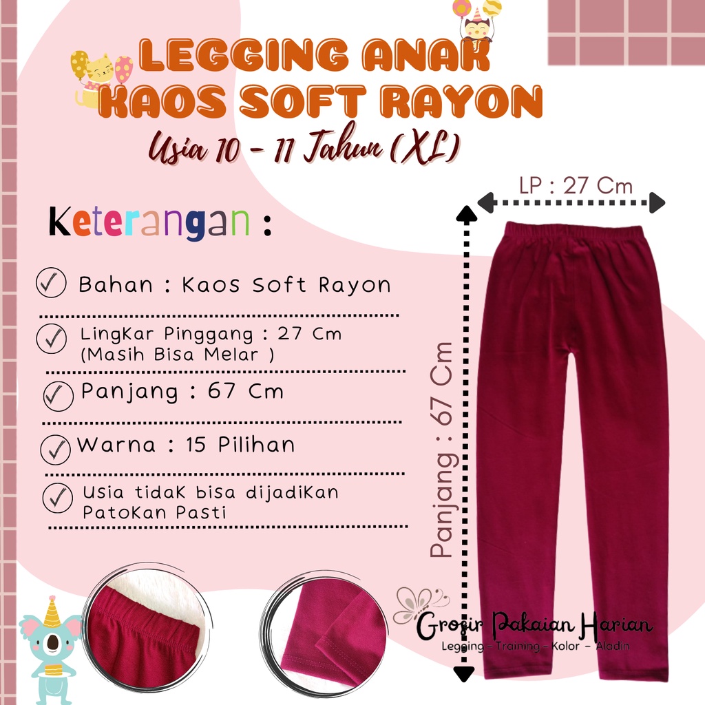 Legging Panjang Anak Kaos Soft Rayon usia 8 - 9 th