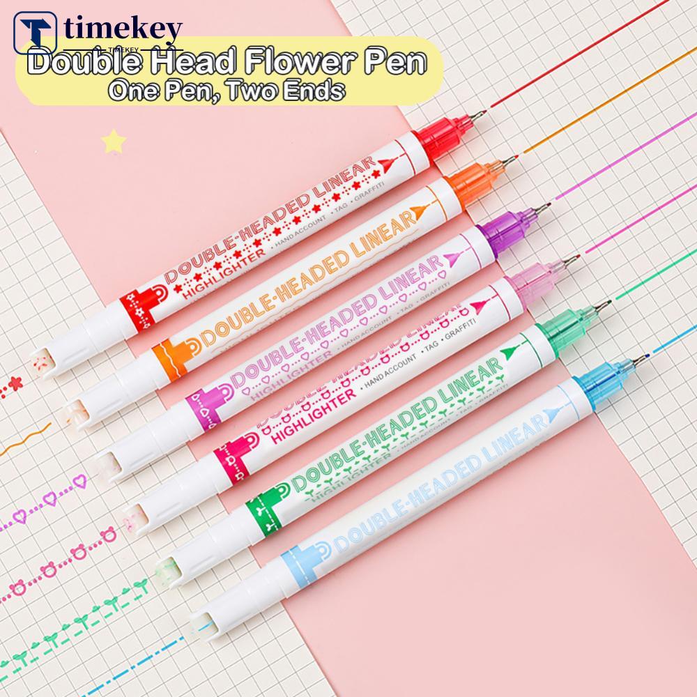 Timekey 3/6pcs Pena Stabilo Dua Kepala Bunga Berbentuk Garis Penanda Dengan Roller Curve Liner Marker Untuk Menulis Menggambar Alat Tulis K8V2