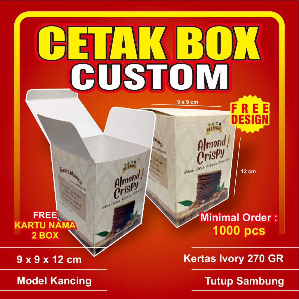 

Cetak Box Custom /Cetak Dus Almond Crispy Dll (9 x 9 x 12 cm) Kertas 270 GR