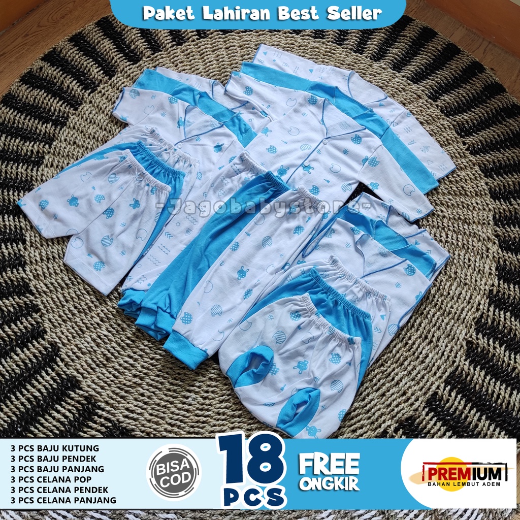 18 Pcs Baju Bayi Lembut Adem Motif Biru Muda Paket Lahiran Newborn