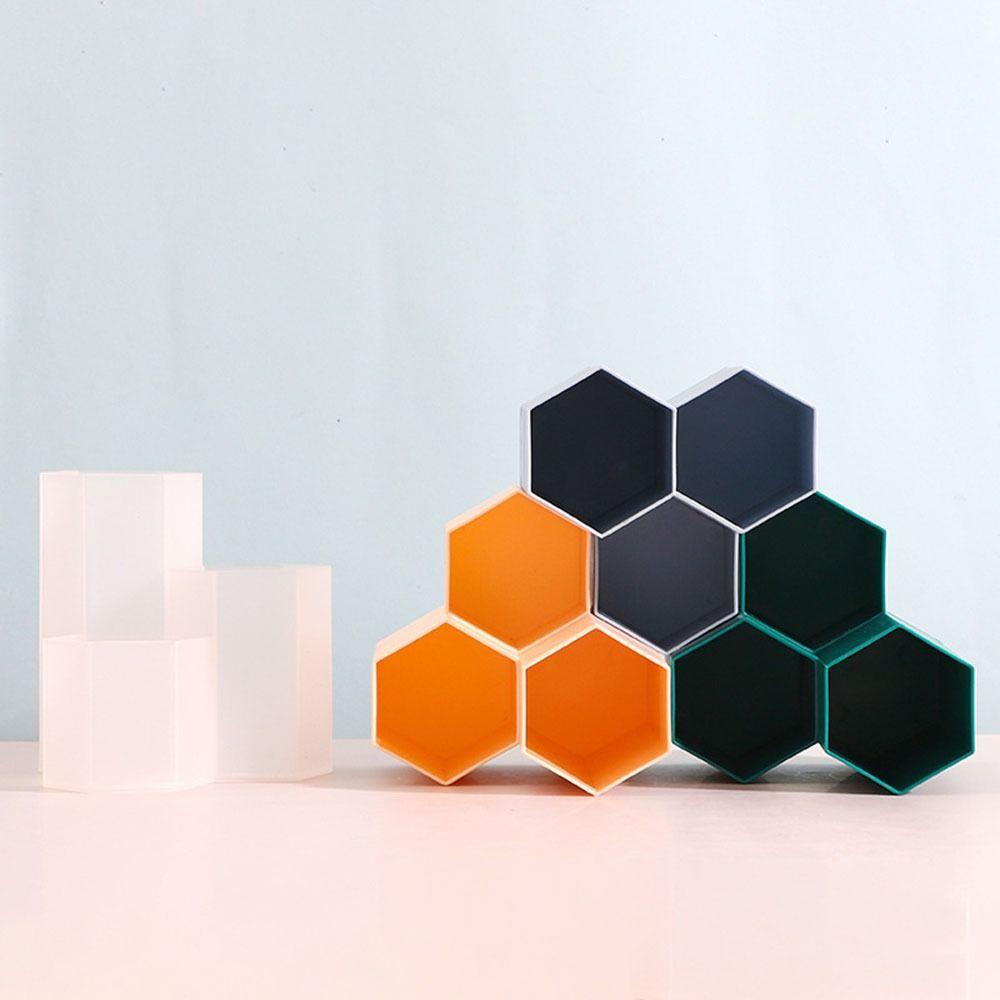 R-flower Hexagonal Rhombus Storage Pen Holder Wadah Sikat Plastik Desktop Storage Three-compartment Storage Pen Box