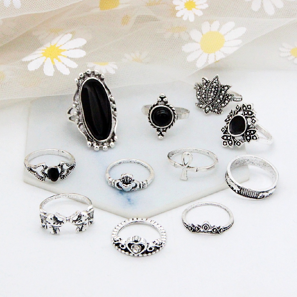 11 Pcs Kepribadian Fashion Hitam Imitasi Permata Cincin Untuk Wanita Retro Mahkota Gajah Lotus Cincin Perempuan Perhiasan Hadiah Pesta