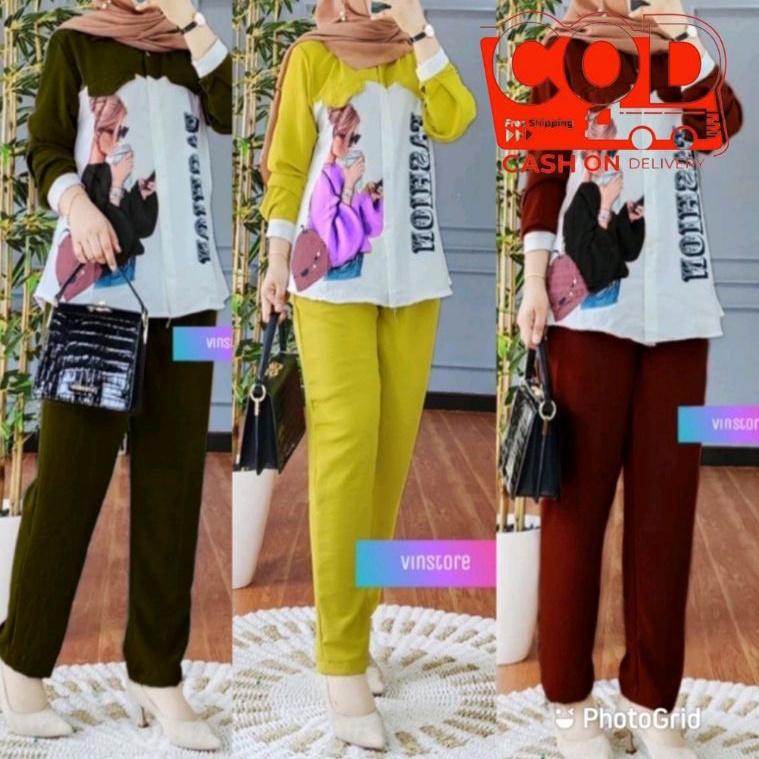 TREN TERBARU MINIGO Set Crinkle Printing Sablon - Setelan Crinkle Sablon Oversize LD 110 / One Set M