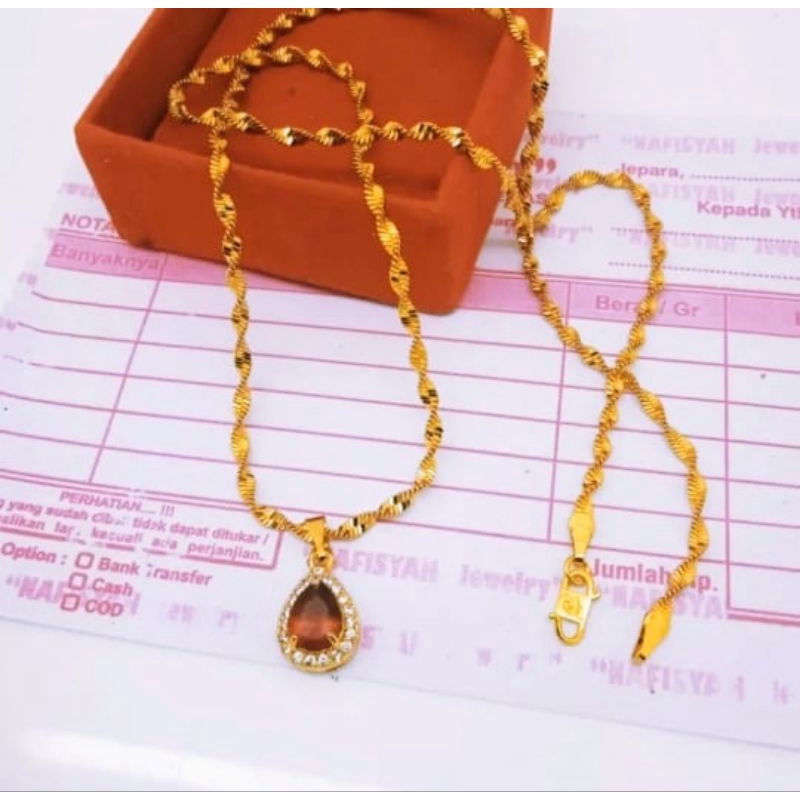 kalung titanium cantik liontin batu merah