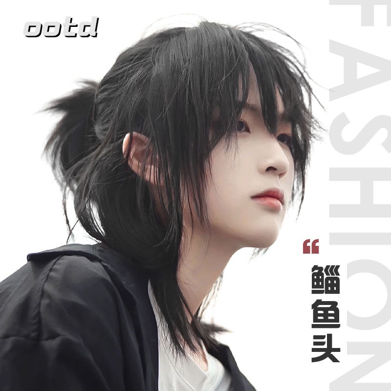 Wig ekor serigala jantan rambut panjang anak laki-laki Jepang kepala belanak laki-laki tipe penutup 