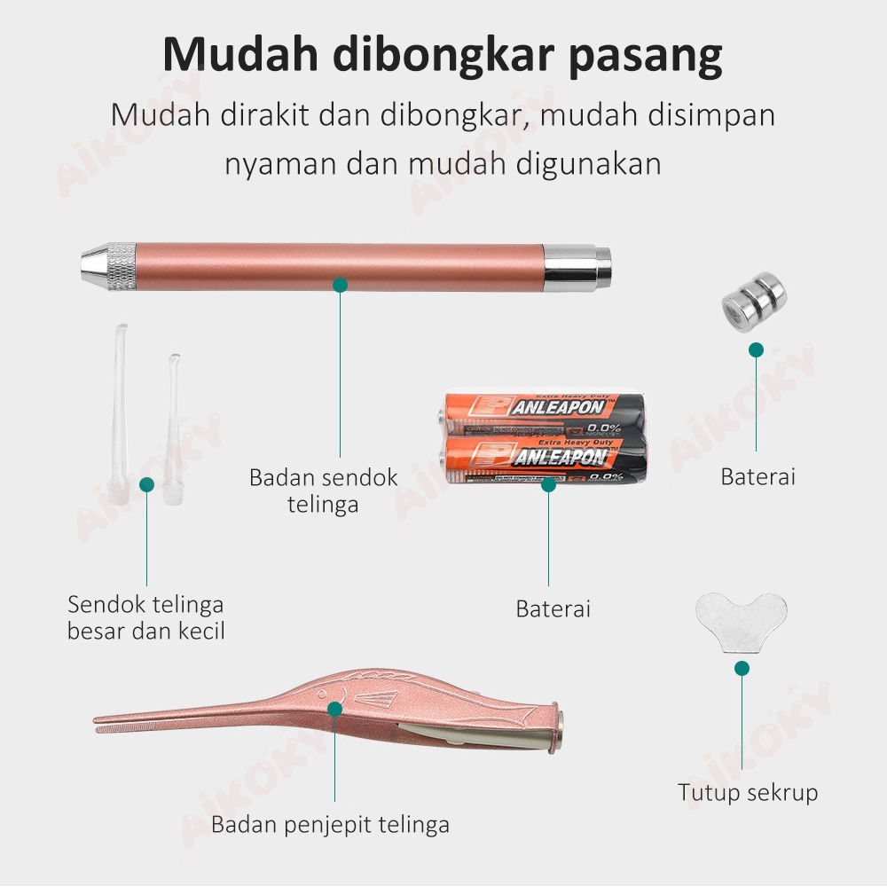 Aikoky Alat Pembersih Telinga LED/Korek Kuping LED Lampu Senter Stainless Set