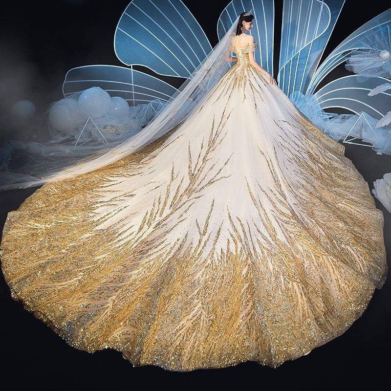 Champagne  Gaun pengantin pengantin baru sampanye warna satu bahu besar membuntuti mewah langit berbintang mimpi mewah gaun industri berat
