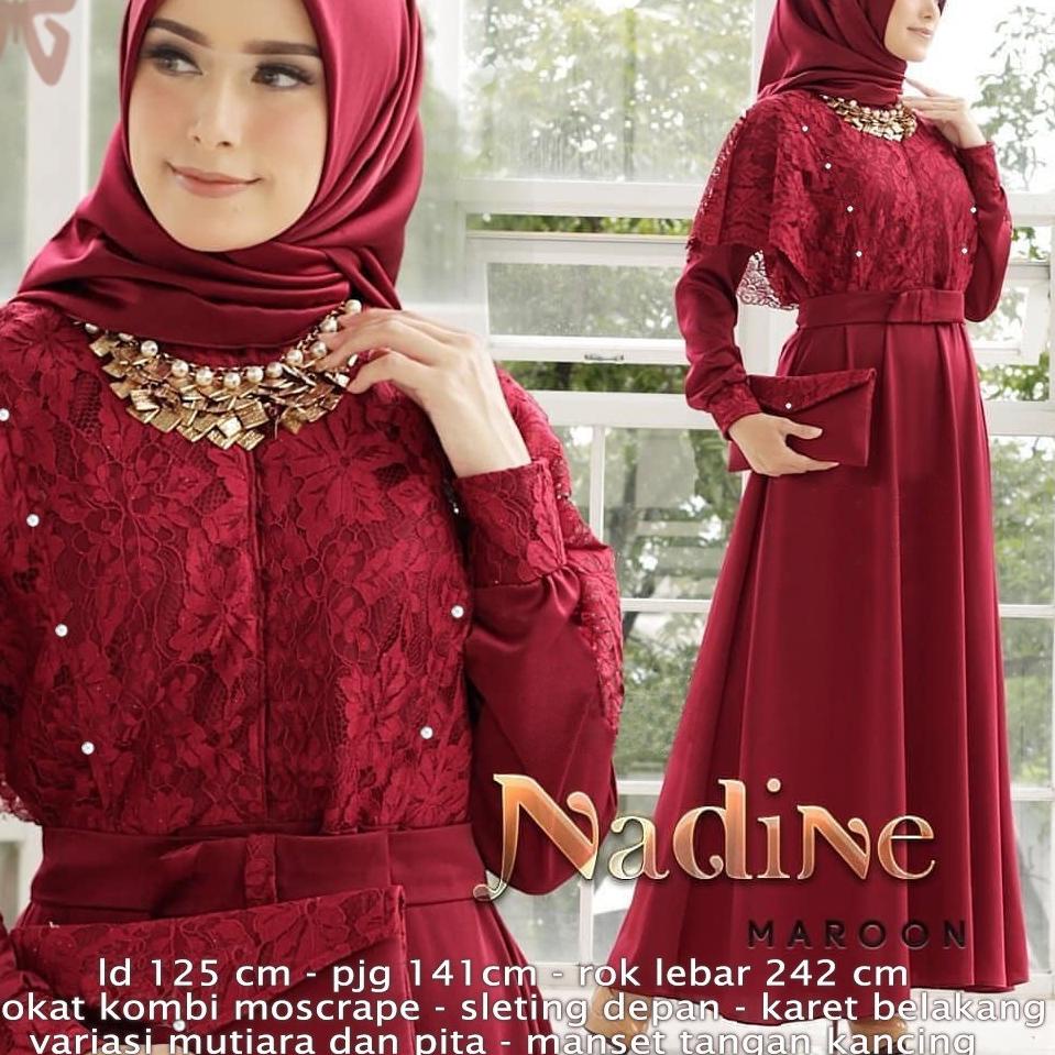✼ Maxi Gamis Pesta NADINE 3XL JUMBO Brukat kombi Moscrepe BUSUI Sreting Variasi Mutiara dan Pita ✽