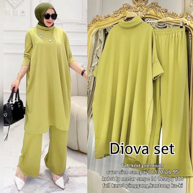 Diova Set / Setelan Wanita Matt Knit Premium / Long Tunik + Kulot / Fashion Wanita Kekinian / Setelan Terlaris / RC-Lime