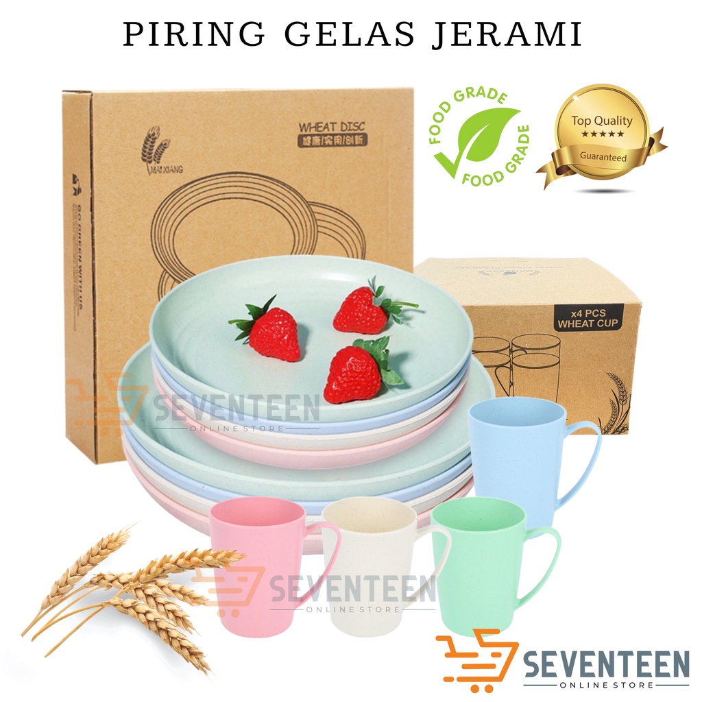 SEVENTEEN PIRING GELAS SET 4PCS JERAMI GANDUM FOOD GRADE 25CM PIRING MAKAN DAPUR BESAR PIRING BUAH SAYURAN LAUK GELAS MINUM SET SOUVENIR GIFTBOX