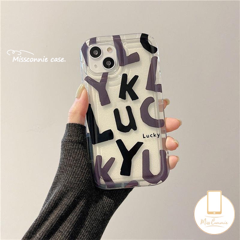 Ins Fashion Graffiti Letter Airbag Phone Case Kompatibel Untuk iPhone 7Plus 11 13 14 12 Pro MAX 6 8 6S Plus XR X XS MAX Lucky Soft Tpu Shockproof Back Cover