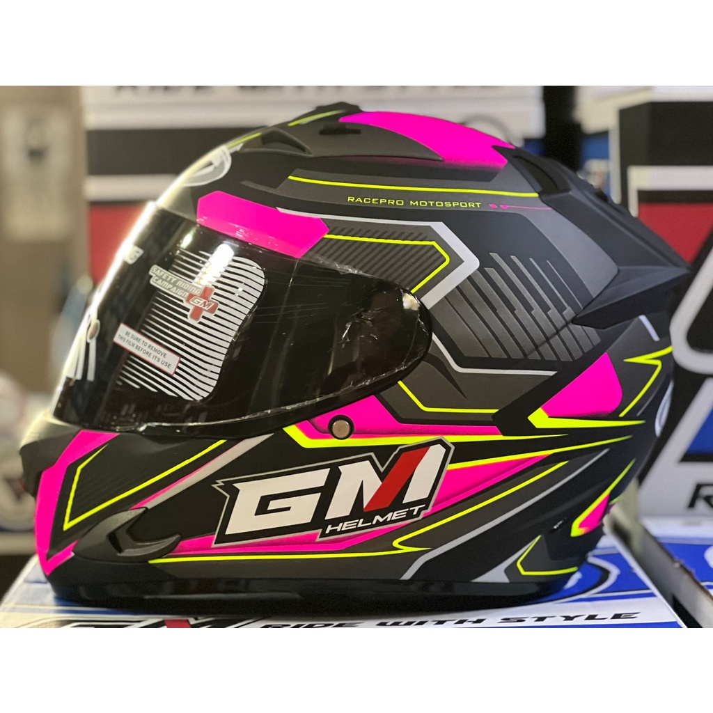 Helm GM Race Pro Tuner Black Pink Doff Full Face Single Visor Smoke Helem Motor SNI Touring Dewasa P