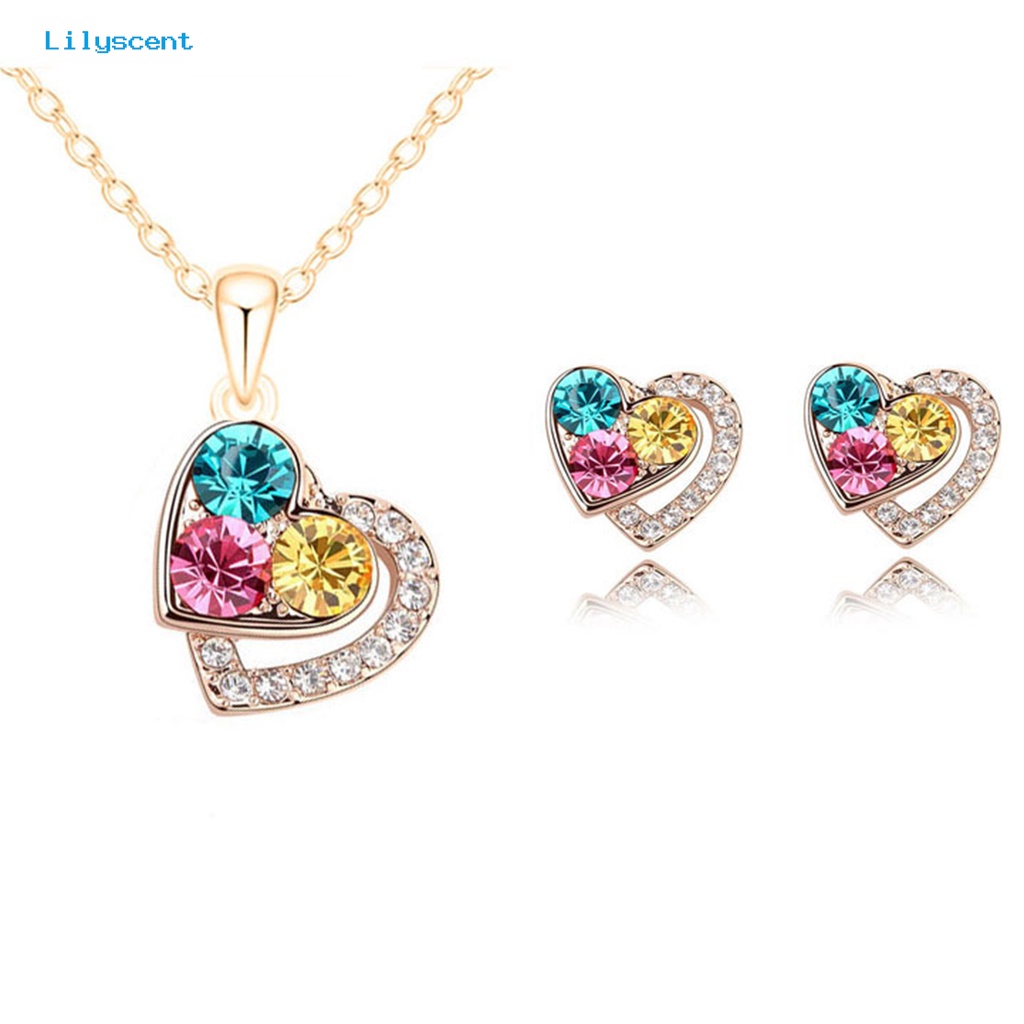 [LS] 1set Perhiasan Wanita Set Shiny Colorful Full Rhinestones Geometris Berkilau Hias Hadiah Anniversary Cinta Bentuk Hati Liontin Kalung Stud Anting Set Aksesori Fashion