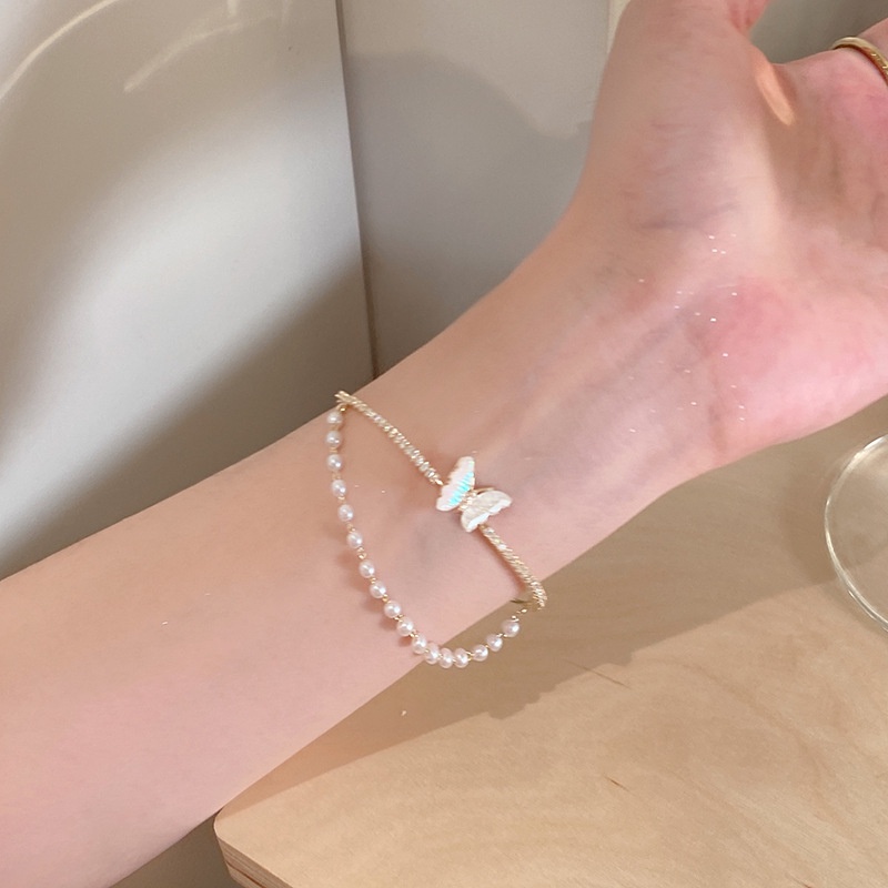 Fashion Double-layer Butterfly Bracelet Gelang Emas Kristal Mutiara Elegan Untuk Aksesoris Perhiasan Wanita