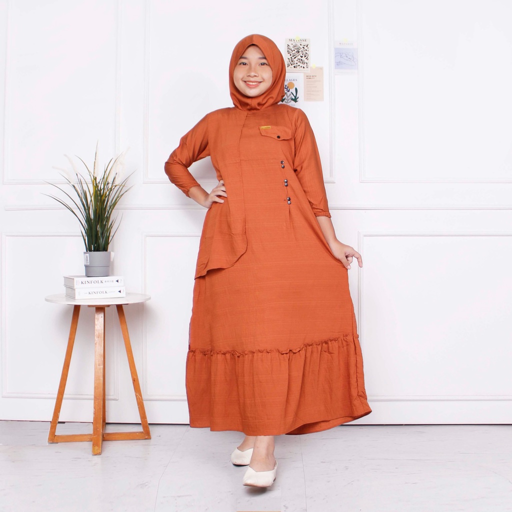 CIAHAW-Gamis Anak Perempuan syari Cringkel Polo Linen-Kancing Usia 6-12 Tahun