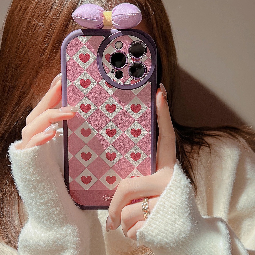 IPHONE Cute Love Purple Case Dengan Busur Untuk Iphone14 11 12 13 XS XR PRO MAX Casing Pelindung Penutup Kamera AT0025