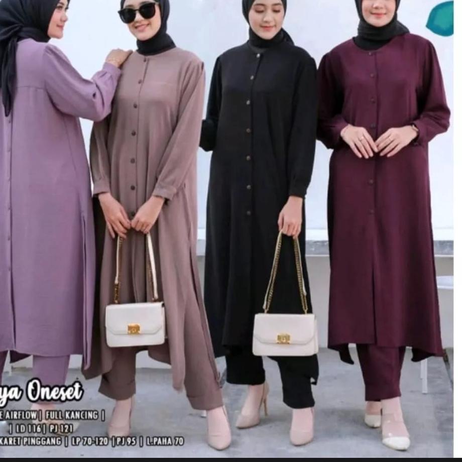 ✶ Stelan Long Tunik Cringkle Kemeja Kancing Depan Belakang || ONE SET LONG TUNIK CRINKLE DIVYA ONE S