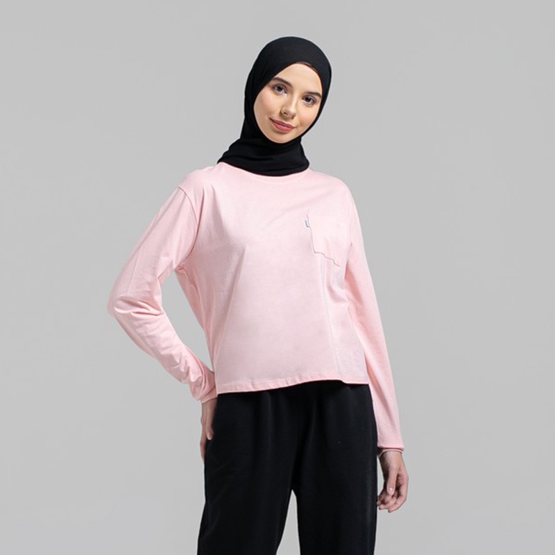 3Second Original Kaos Wanita Polos Lengan Panjang 100% Cotton Katun Tshirt Basic Pocket Pink Powder 