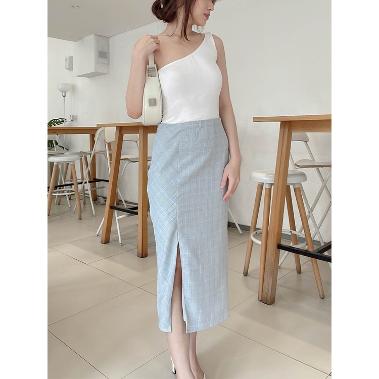 Kadaka B-0183 Midi Plaid Skirt Rok Wanita Korean Look Detail Slit