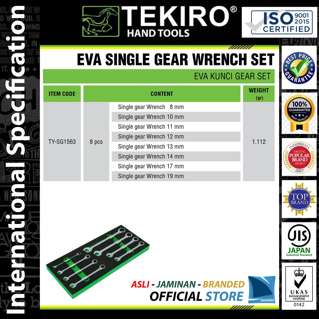 Kunci Pas Ring Ratchet Panjang 8 ~ 19 mm Isi 8 pcs Perkakas Laci Kemasan EVA / Socket EVA Set TEKIRO