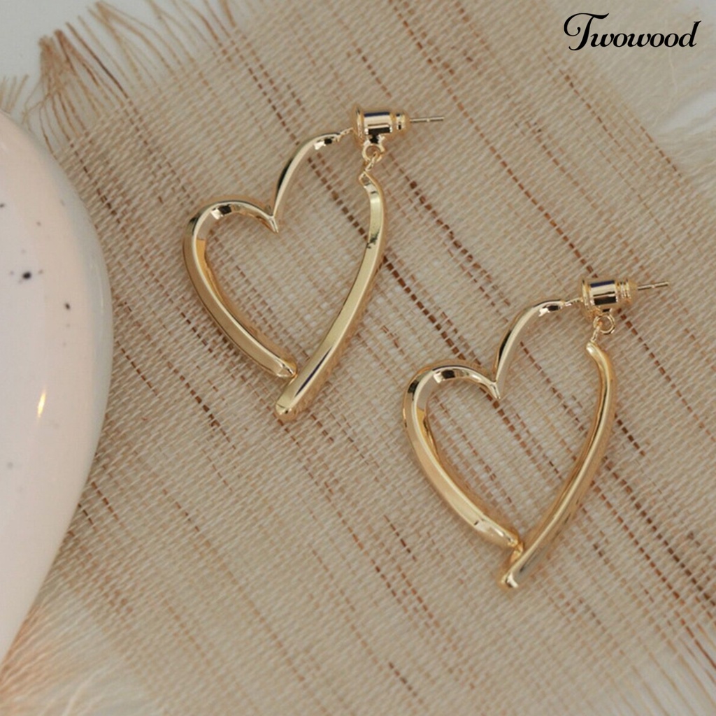 Twowood 1pasang Anting Pejantan Dipoles Electroplating Minimalis Gaya Perancis Cinta Hati Wanita Menjuntai Anting Perhiasan Fashion