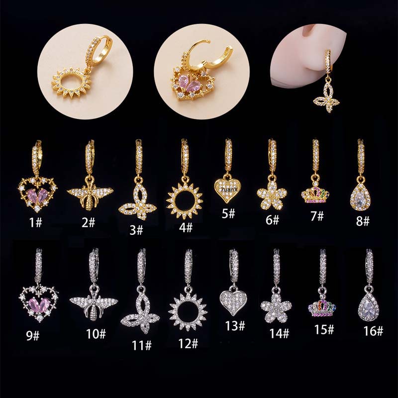 1biji Teardrop Crown Butterfly Bentuk Menjuntai Hoop Anting Tulang Rawan Tembaga Dengan Zircon