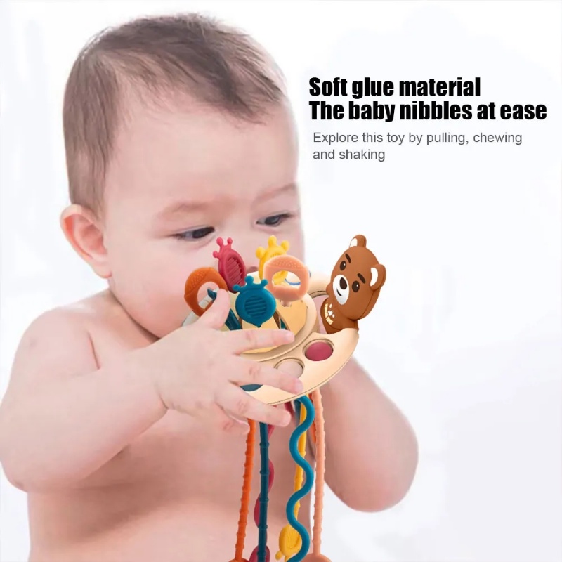 Creative 5 In 1 Children Pull String Developmental Toy / Safe Non-toxic Soft Silicone Teething Toys / Cute Cartoon Bear Flying Saucer Shape Fun Toy